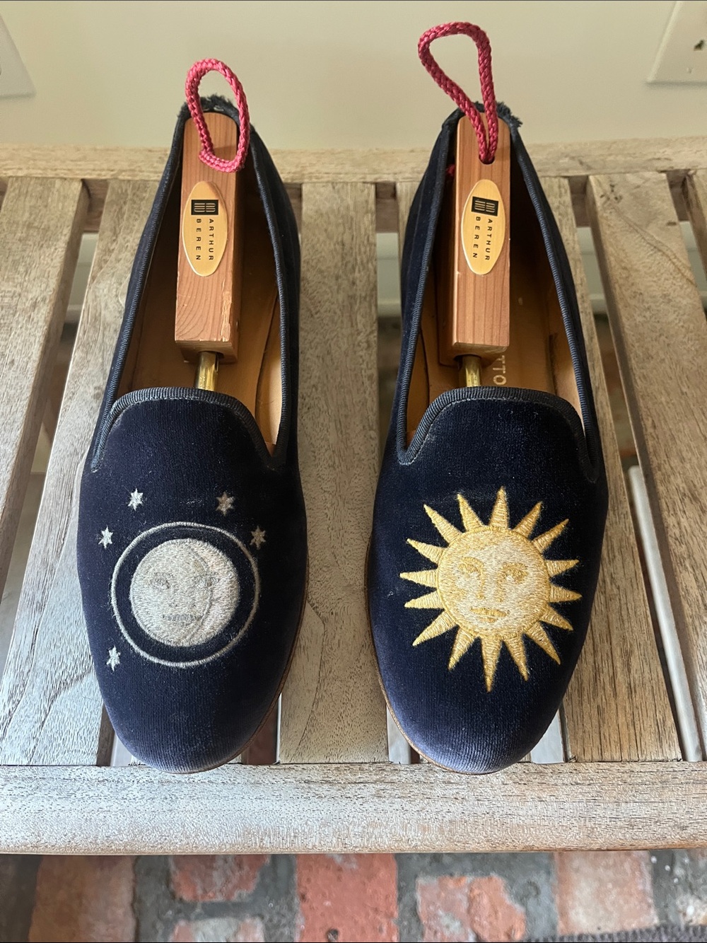 Stubbs & Wootton Navy Velvet Sun Moon Celestial Loafers Size 8 Smoking Slippers
